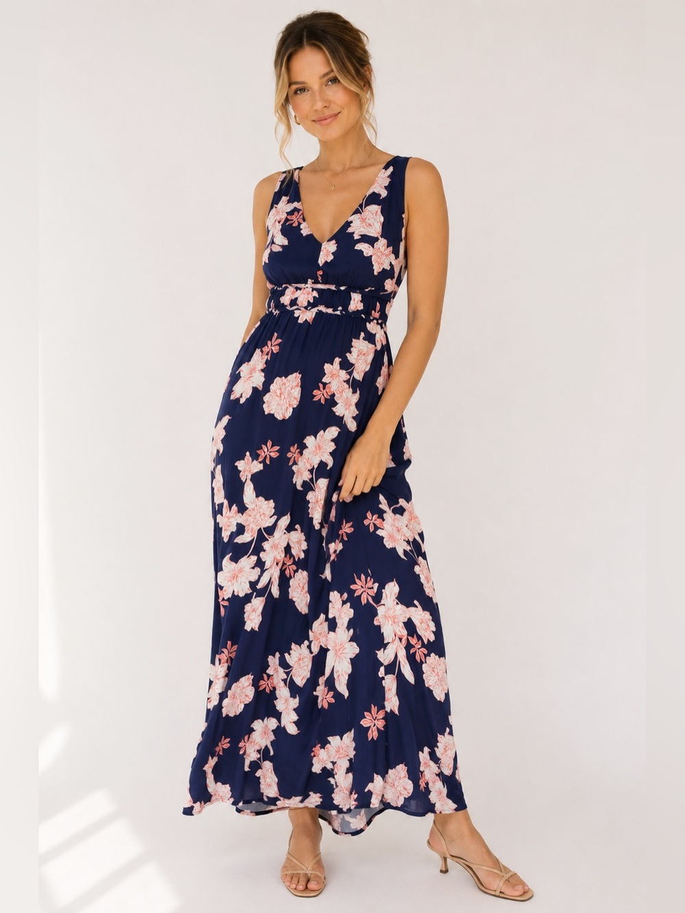Japna Navy Floral Maxi Dress Medium Sleeveless Smocked Back V-Neck Boho